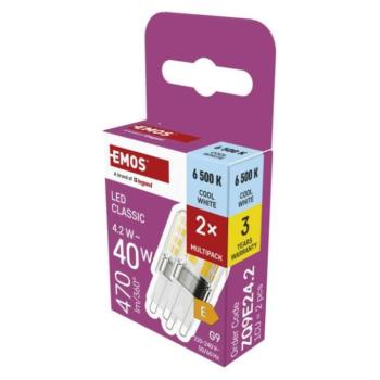 LED izzó Classic JC, G9, 4,2 W (40 W), 470 lm, Hideg fehér, 2 pcs, 6500K, 220-240V, CRI>80, EMOS, ZQ9E24.2 kép