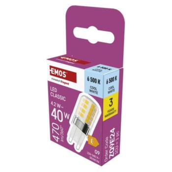 LED izzó Classic JC, G9, 4,2 W (40 W), 470 lm, Hideg fehér, 6500K, 220-240V, CRI>80, EMOS, ZQ9E24 kép