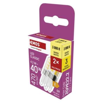 LED izzó Classic JC, G9, 4,2 W (40 W), 470 lm, meleg fehér, 2 pcs, 3000K, 220-240V, CRI>80, EMOS, ZQ9E22.2 kép