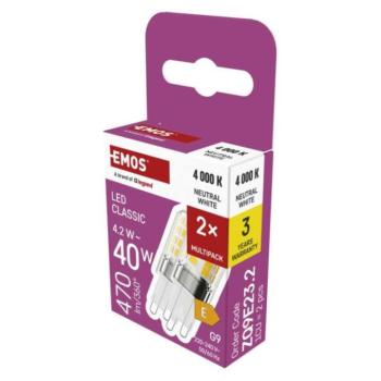 LED izzó Classic JC, G9, 4,2 W (40 W), 470 lm, Természetes fehér, 2 pcs, 4000K, 220-240V, CRI>80, EMOS, ZQ9E23.2 kép