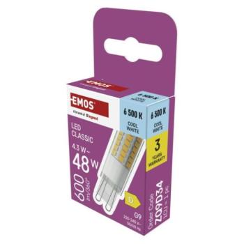 LED izzó Classic JC, G9, 4,3 W (48 W), 600 lm, Hideg fehér, 6500K, 220-240V, CRI>80, EMOS, ZQ9D34 kép