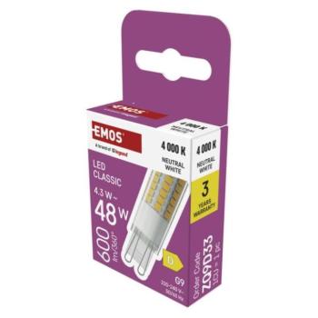 LED izzó Classic JC, G9, 4,3 W (48 W), 600 lm, Természetes fehér, 4000K, 220-240V, CRI>80, EMOS, ZQ9D33 kép