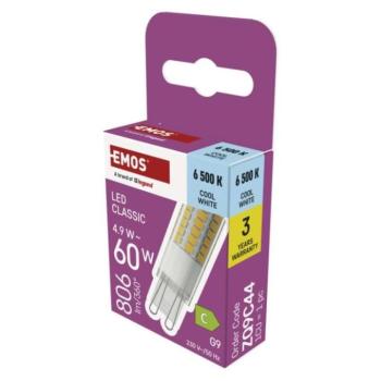 LED izzó Classic JC, G9, 4,9 W (60 W), 806 lm, Hideg fehér, 6500K, 230V, CRI>80, EMOS, ZQ9C44 kép