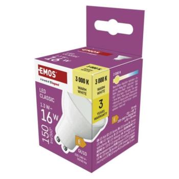 LED izzó Classic MR16 fehér/ GU10, 1,3 W (16 W), 150 lm, Meleg fehér, 3000K, 220-240V, CRI>80, EMOS, ZQ8EL2 kép