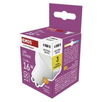 LED izzó Classic MR16 fehér/ GU10, 1,3 W (16 W), 150 lm, Természetes fehér, 4000K, 220-240V, CRI>80, EMOS, ZQ8EL3 kép