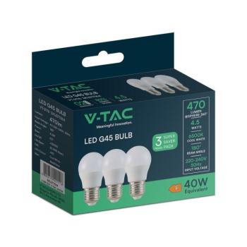 LED izzó gömb alakú E27, 4,5w, 6500K, hideg fehér, 470lm, 180°, fehér, CRI>80, 3 db/csomag, V-TAC, 217364 kép