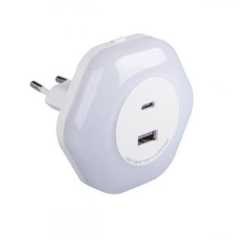 LED lámpatest , éjszakai irányfény , 2 db USB csatlakozóval (USB-A + USB-C) , 0.22W/15W , meleg fehér , BOLA kép