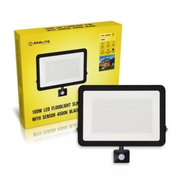 LED reflektor , 100W , 9000 lm , slim, mozgásérzékelős , fekete , természetes fehér , IP65 , Asalite kép