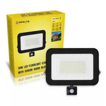 LED reflektor , 30W , 2700 lm , slim , mozgásérzékelős , fekete , természetes fehér , IP65 , Asalite kép