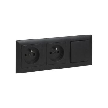 Legrand - Dupla háztartási konnektor és 1-es számú egypólusú kapcsoló SUNO kerettel, 250V, fekete LR0094+2XLR0065+LR0070 kép