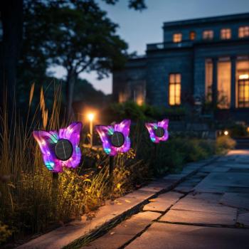 Leszúrható szolár pillangó – lila – 13 x 6,5 x 35 cm – melegfehér + színes LED kép