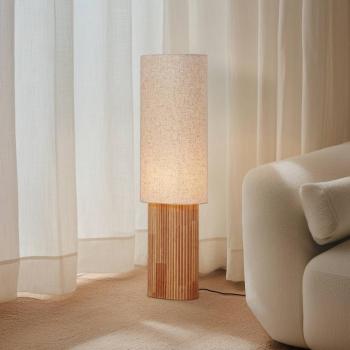 Lindby Kimiko álló világítás, magasság 100 cm, fa, textil, E27 kép