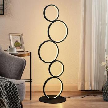 Lindby LED állólámpa Jacek, fekete, fém, 110 cm, gyűrűs, gyűrűk kép