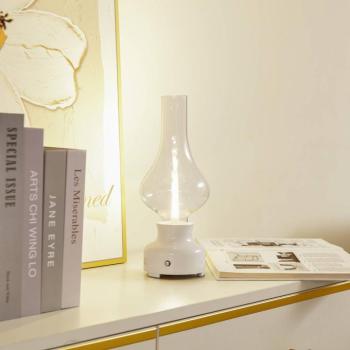 Lindby LED-es újratölthető asztali lámpa Maxentius, krém, üveg, kép