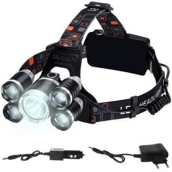 Nagy fényerejű fejlámpa 5 x T6 CREE leddel / akkumulátorral – állítható pántokkal, 4 világítási móddal (BBL)