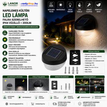 Napelemes kültéri LED lámpa falra szerelhető IP44 vízálló 200LM – fekete