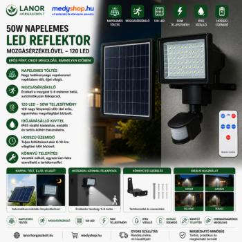 Napelemes LED reflektor mozgásérzékelővel 50W 120 LED – fekete