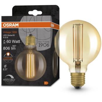 OSRAM LED izzó, aranyszínű, VINTAGE, E27, 8,8 W, GLOBE, meleg fehér kép