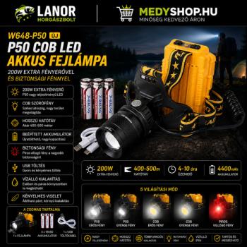 P50 COB LED akkus fejlámpa 200W extra fényerővel és biztonsági fénnyel – sárga (W648-P50) kép