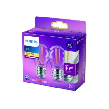 Philips LED lámpa E27 P45 4,3W izzószál 2700K 2db kép