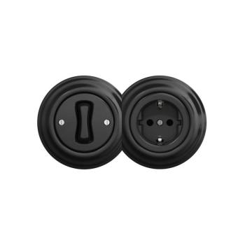 Reblig - Retro egypólusú kapcsoló (1-es) és SCHUKO 230V aljzat fekete kerettel 2xRG0017+RG0010+RG0107 kép