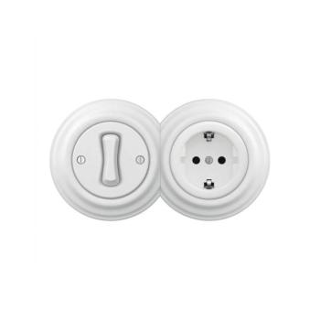 Reblig - Retro egypólusú kapcsoló 1-es és SCHUKO 230V aljzat kerettel, hófehér 2xRG0152+RG0145+RG0160 kép