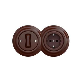 Reblig - Retro stílusú 1-es egypólusú kapcsoló és SCHUKO 230V konnektor kerettel, barna 2xRG0035+RG0028+RG0109 kép