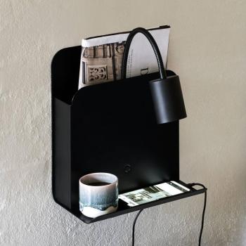 Romi fali lámpa polccal és USB-vel, fekete kép