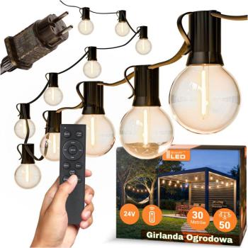 Smart LED Zahradní stmívatelná girlanda 30 m 50× LED žárovka E12 24 V, dálkové ovládání kép