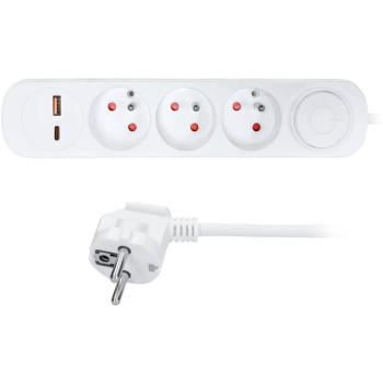 Solight, 3 m, 3 csatlakozó, USB A+C 20 W PD, tápkapcsoló, 3×1 mm², PVC kép