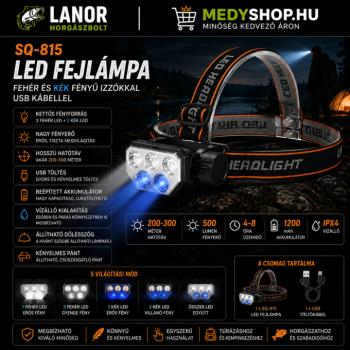 SQ-815 LED fejlámpa fehér és kék fényű izzókkal USB kábellel – fekete
