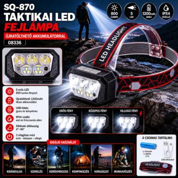 SQ-870 taktikai LED fejlámpa újratölthető akkumulátorral érintésmentes vezérléssel – többszínű (08336) kép