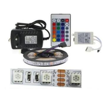 Színes 5050 típus 5m-es RGB led szalag szett távirányítóval, 3A tápegységgel kép
