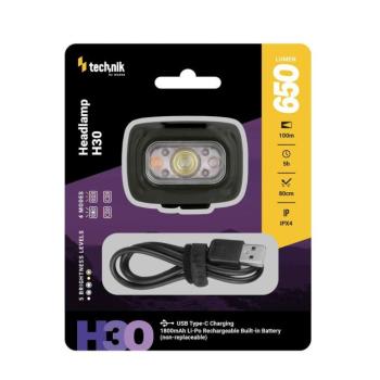 Technik Fejlámpa H30 (akkumulátoros) SST20 LED, Vörös fény, USB-C (650 lumen), IPX4, újratölthető, MT-H30 kép