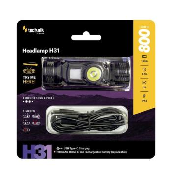 Technik Fejlámpa H31 (+1x18650) OSRAM P9, red light, USB-C (800 lumen), IPX4, újratölthető, MT-H31 kép