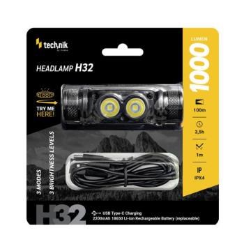 Technik Fejlámpa H32 (+1x18650) OSRAM P9, USB-C (1000 lumen), IPX4, újratölthető, MT-H32 kép
