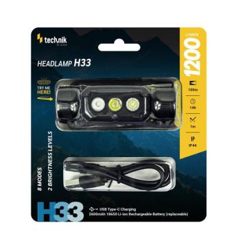Technik Fejlámpa H33 (+1x18650) SST20 LED, USB-C (1200 lumen), IP44, újratölthető, MT-H33 kép