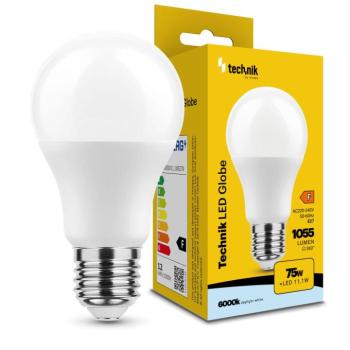 Technik LED Izzó Globe A60 11,1W E27 360° 6000K (1055 lumen) ERP, (10 lumen55), hideg fehér, CRI>80, MTL-G6000K11-1WE27N kép