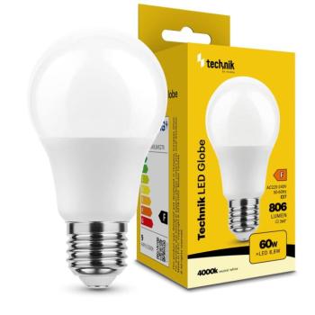 Technik LED Izzó Globe A60 8,8W E27 360° 4000K (806 lumen) ERP, természetes fehér, CRI>80, MTL-G4000K8-8WE27N kép