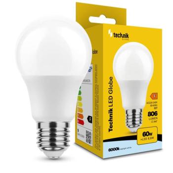 Technik LED Izzó Globe A60 8,8W E27 360° 6000K (806 lumen) ERP, hideg fehér, CRI>80, MTL-G6000K8-8WE27N kép