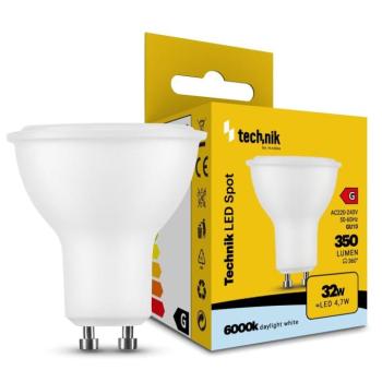 Technik LED Izzó Spot Alu-Plastic 4,7W GU10 110° 6000K (350 lumen) ERP, hideg fehér, CRI>80, MTL-GU106000K4-7WN