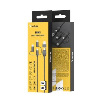 Technik Töltő-és Adatkábel Braided (5in1) USB-A/C to all 5V 3A 1,2m Fekete, MT-CD106 kép