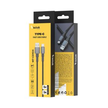 Technik Töltő-és Adatkábel Braided USB-A, USB-C 5V 3A 1m Fekete, MT-CD104 kép