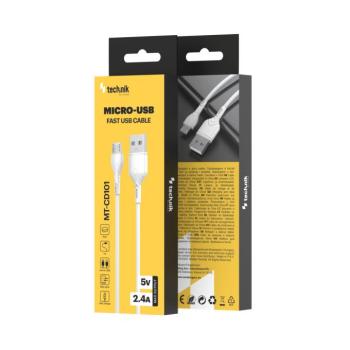 Technik Töltő-és Adatkábel PVC USB-A, Micro USB 5V 2,4A 1m Fehér, MT-CD101 kép