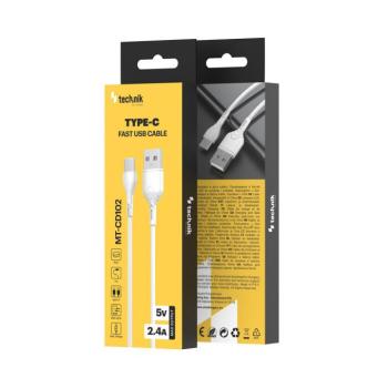 Technik Töltő-és Adatkábel PVC USB-A, USB-C 5V 2,4A 1m Fehér, MT-CD102 kép