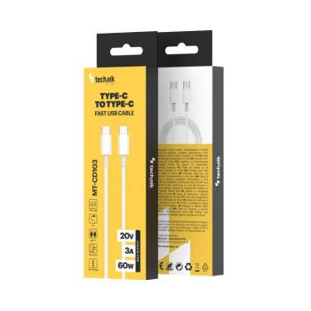 Technik Töltő-és Adatkábel TPE+ABS USB-C, USB-C 60W 20V3A 1m fehér, MT-CD103 kép