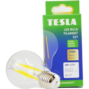 Tesla Filament A class, E27, 4W, 840lm, 2700K meleg fehér, 360°, átlátszó, 230V, 25000 óra kép