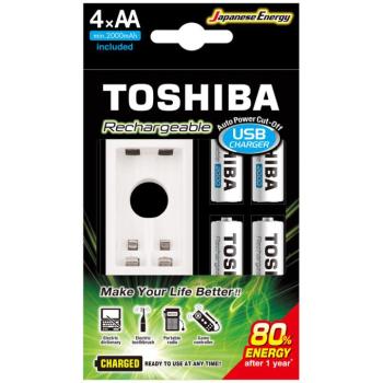 Újratölthető elem + töltő, AA, 1,2V, 4 db elem/csomag, TOSHIBA, 00159079 kép