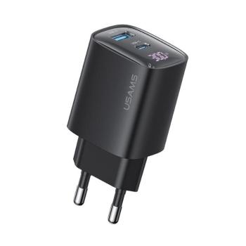 USAMS® GaN USB hálózati töltő adapter, 30W gyorstöltés, 2 port, LCD kijelző, túlterhelés elleni védelem, fekete