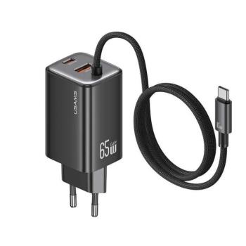 USAMS® GaN USB hálózati töltő adapter, 65W gyorstöltés, 3 port, fix USB-C kábel, túlterhelés elleni védelem, fekete kép